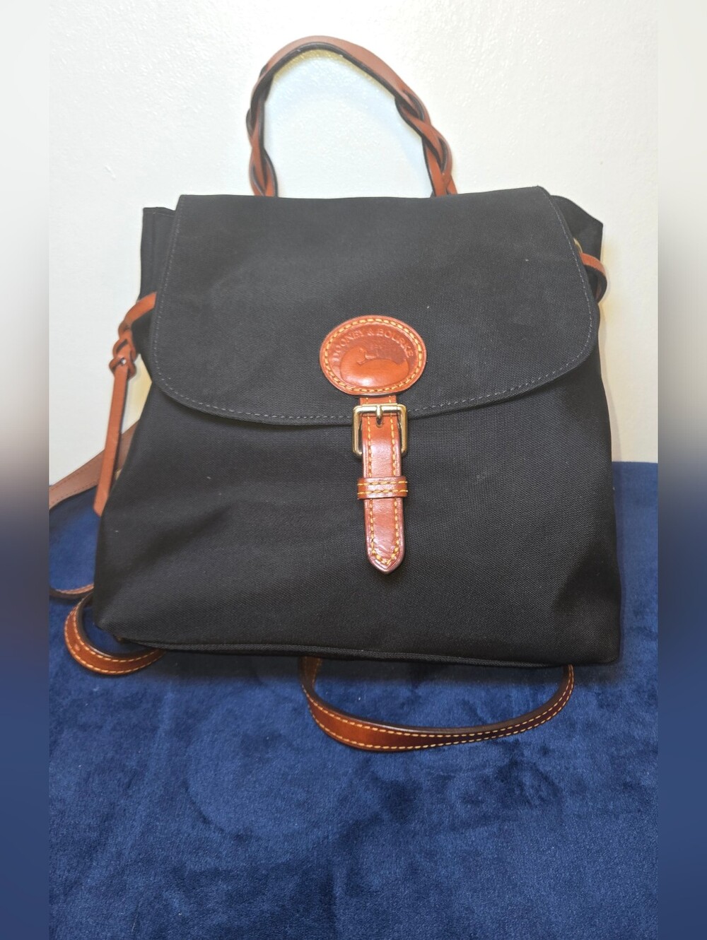 Dooney & Bourke Black Nylon Flap Backpack with Tan Leather Accents Red Lining